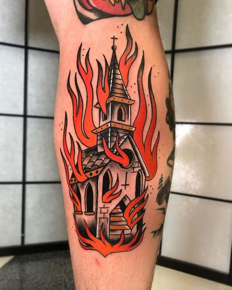 Worlds Worst Tattoos, Church Tattoo, Burning Church, Traditional Tattoo Drawings, Medieval Tattoo, Tattoo Traditional, Old School Tattoo Designs, Traditional Tattoo Design, Bad Tattoos