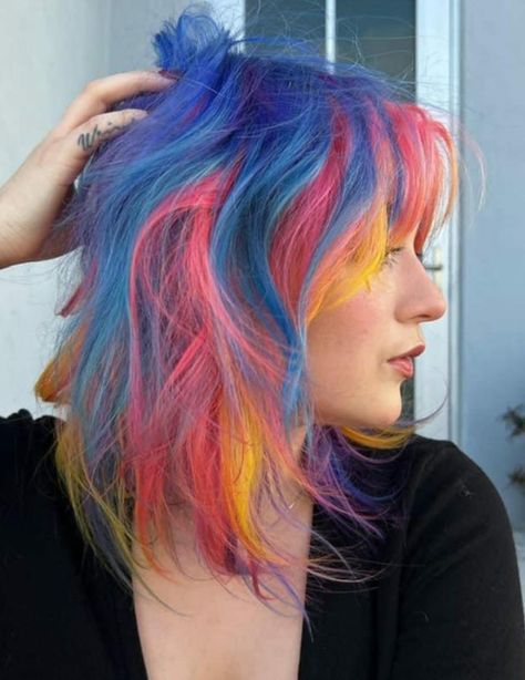 Fun Hair Inspiration, Rainbow Color Melt Hair, Fun Vivid Hair Colors, Fun Hair Color For Short Hair, Cool Tone Vivid Hair Color, Cool Colored Hair Ideas, Bright Hair Colors Short Shoulder Length, Colorful Hair Inspiration, Primary Color Hair