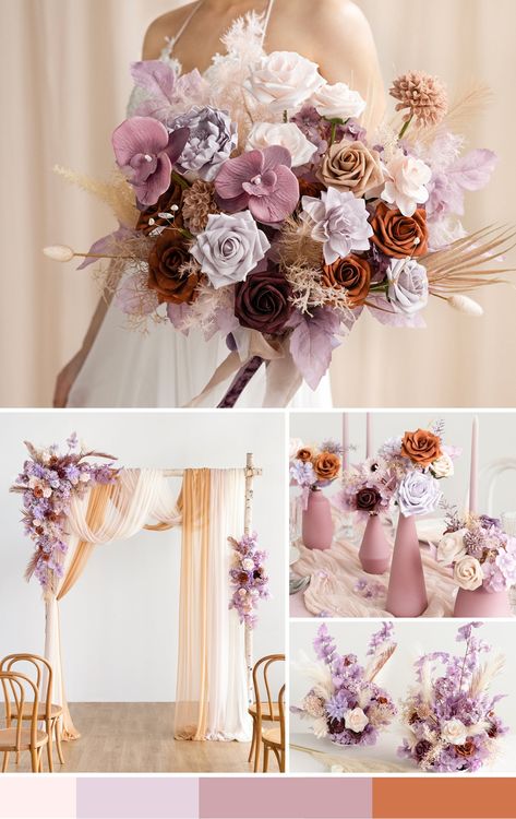 Lilac And Burnt Orange Wedding, Rust And Lavender Wedding, Lavender And Burnt Orange Wedding, Burnt Orange Weddings Decorations, Sepia Wedding, Purple White Wedding, Wedding Business Ideas, Orange Wedding Themes, Burnt Orange Wedding