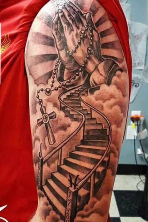 Tattoo uploaded by Joe Anderson • Praying Hands with Staircase • 694899 • Tattoodo Religous Tattoo Designs Men, Jesus Tattoo Sleeve, Religious Tattoo Sleeves, Praying Hands Tattoo Design, Herren Hand Tattoos, Alas Tattoo, Praying Hands Tattoo, Half Sleeve Tattoos Forearm, Skull Hand Tattoo