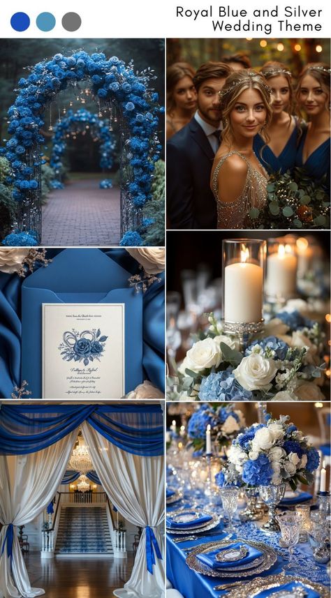 Royal blue and silver wedding theme ideas for a regal, elegant look. Wedding Theme Ideas Color Schemes, Wedding Theme Ideas Color, Blue And Silver Wedding Theme, Royal Blue And Silver Wedding, Blue And Silver Wedding, Royal Blue Wedding Theme, Silver Wedding Theme, Wedding Theme Ideas, Blue Table Runner