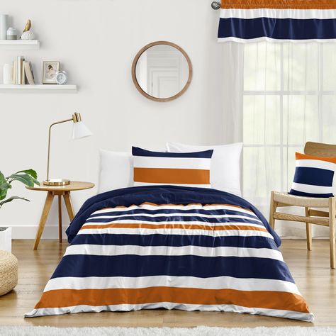 PRICES MAY VARY. 100% Polyester Imported 4 piece Twin bedding set: 1-Lightweight Comforter, 1-Standard Sham, 1-Window Valance, 1-Decorative Pillow Comforter (62in x 86in) Sham (20in x 26in) Valance (54in x 15in) Decorative Pillow (18in. x 18in.) This bedding set boasts a large navy blue, orange and white stripe print and solid navy blue fabrics This set is made of brushed microfiber and is machine washable This design has matching accessories such as window treatments, hampers, shower curtains a Stripe Bedding, Kids Comforters, Designer Bedding, King Size Sheets, Striped Duvet Covers, Comforter Bedding Sets, Sweet Jojo Designs, Designer Bedding Sets, Twin Bed Sets