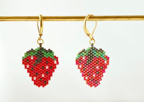 Strawberry Beaded Earrings, Beaded Strawberry Earrings, Beaded Strawberry, Beaded Fruit, Strawberry Jewelry, Green Strawberry, Fruit Jewelry, Fruit Earrings, Beaded Earrings Patterns