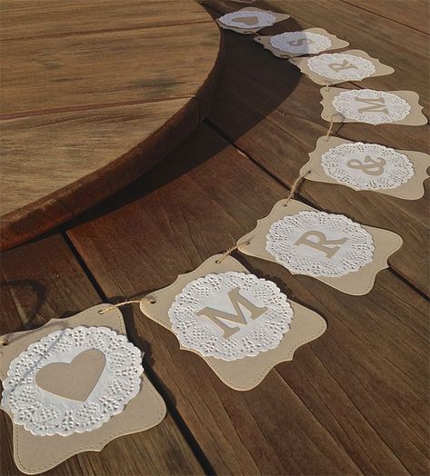 Mr and Mrs banner - doilies This is an easy decoration to DIY. Are you thinking of getting crafty? Doily Bunting, Bunting Ideas, Engagement Banner, Doilies Crafts, Flag Garland, Bridal Shower Banner, Venue Decorations, Paper Doilies, בר מצווה