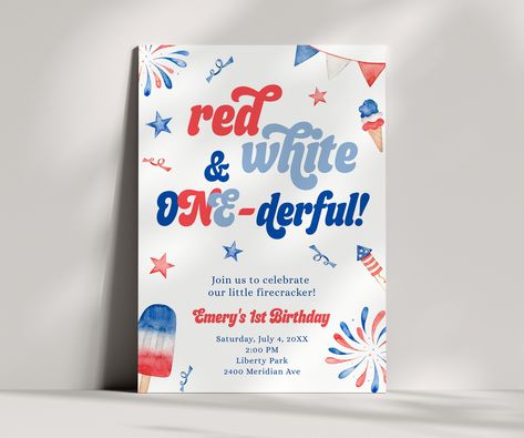 Red White and ONEderful Invitation, First Birthday Party Invitation - 4th of July Birthday, 1st Birthday Party Evite, Editable Template America First Birthday Party, July Birthday Themes Party Ideas, Firework First Birthday Party, Fourth Of July Birthday Party Ideas, Usa Themed Birthday Party, First Birthday Fourth Of July Theme, July First Birthday Party Girl, 4th Of July Themed 1st Birthday Party, Red White And Blue First Birthday