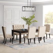 Laurel Foundry Modern Farmhouse Colne Extendable Dining Set | Wayfair Solid Wood Dining Set, Counter Height Dining Sets, Dining Table Set, Linen Upholstery, Rectangular Dining Table, Discount Furniture, Dining Space, Nailhead Trim, Kitchen Dining Furniture