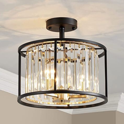 AGV LIGHTING Crystal Semi Flush Mount Ceiling Light Fixture, E12 Base 3-Lights, D13" x H15", Brass & Black Finish - - Amazon.com Semi Flush Mount Chandelier, Gold Light Fixture, Hallway Light Fixtures, Entry Lighting, Gold Ceiling, Farmhouse Light Fixtures, Flush Mount Chandelier, Crystal Ceiling Light, Flushmount Ceiling Lights