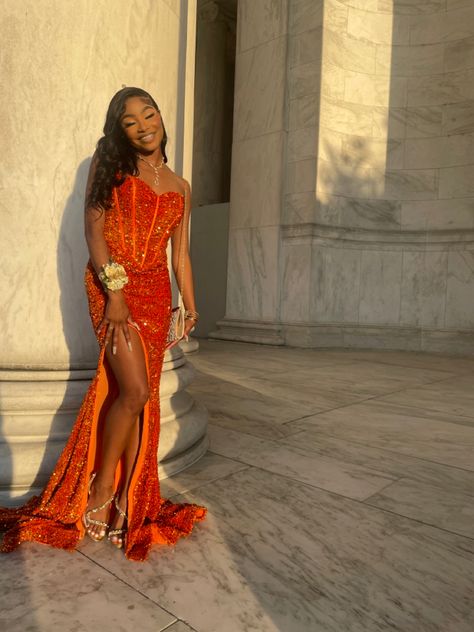 Orange Prom Dresses Black, Orange Prom Dresses 2022, Orange Prom Dress On Dark Skin, Yellow Prom Dresses Black Women, Glamorous Orange Prom Dress, Mermaid Prom Dress, Short Homecoming Dress, Prom Ideas, Prom Girl