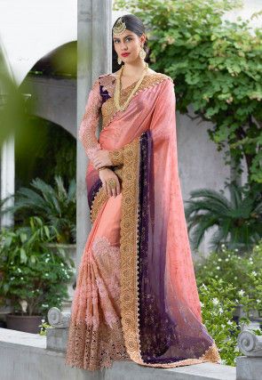 Half N Half Crepe Saree in Shaded Peach and Navy Blue Shaded Saree, Kajol Saree, Wedding Sarees Online, Saree Party Wear, Peach Saree, Wedding Saree Collection, Indian Designer Sarees, Crepe Saree, Indian Saree Blouse