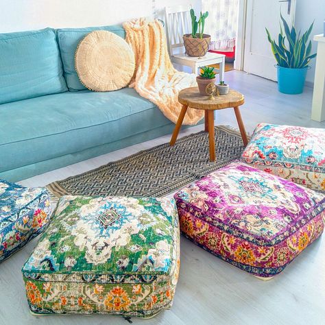 Add a bohemian vibe or an eclectic edge to your living areas! These floor pillows are perfect in bedrooms, living rooms, or children’s play areas, providing a creative, useful, and luxurious accent to any space,  #bohemiandecor #bohostyle #floorcushion #pouf Floor Cushions Living Room, Boho Floor Pillows, Kids Living Rooms, Cozy Basement, Bohemian Living Rooms, Boho Floor, Living Room Loft, Living Room Sofa Design, Play Areas