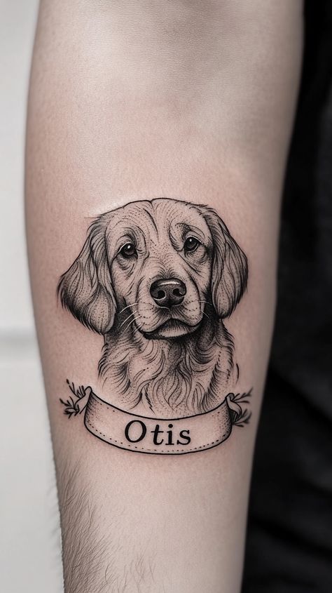 22 Golden Retriever Tattoo Ideas - Smart Dog Learning Animal Memory Tattoos, Mens Dog Tattoo, Tattoo Ideas Female Meaningful Dog, Two Dog Portrait Tattoo, Dog Tattoo Ideas Memorial Paw Prints, Dog Portrait Tattoos, Aesthetic Paw Print, Tattoo For Your Dog, Wild Dog Tattoo