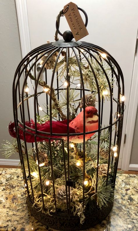 Decorated Bird Cages Ideas, Birdcage Christmas Ideas, Christmas Bird Cage, Bird Cage Christmas Decor Ideas, Christmas Birdcage Ideas, Repurposed Bird Cage Ideas, Birdcage Decor Ideas, Vintage Bird Cage Decor, Bird Cage Candle