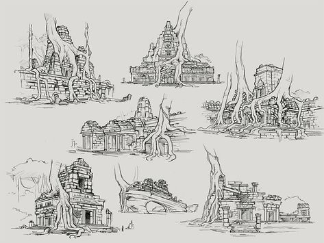 temple surrounded by debris in jungle Concept Art Inspiration, Jungle Environment, Jungle Drawing, Jungle Temple, Temple Drawing, Environment Painting, Environment Props, Fantasy Magic, Environment Art