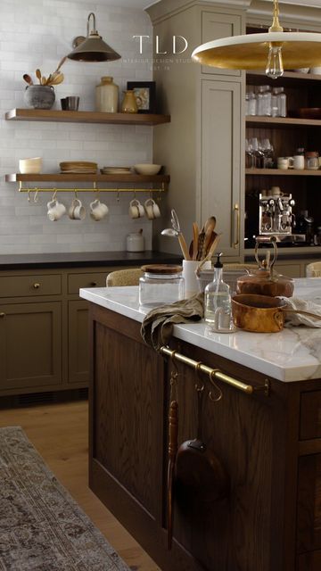 Tiffany Leigh Design on Instagram: "Thursday morning coffee never looked so good. Project | #ProjectAltonHouse Construction | @kingsgateconstruction Commissioned by | @softfireceramics" Timeless Moody Kitchen, Wood And Cream Kitchen Cabinets, Moody Cottage Kitchen, Small Moody Kitchen, Light Academia Interior Design, Light Academia Kitchen, Thursday Morning Coffee, Moody Kitchen Design, Schoolhouse Kitchen