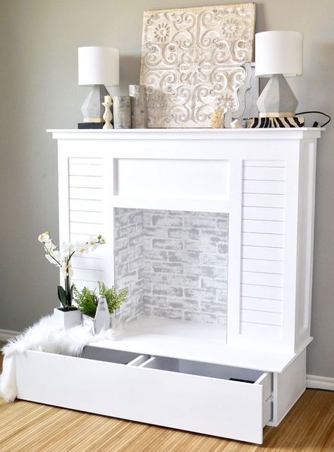 Kinda like this fireplace idea.. Just want to make sure it is big enough for a cute little fireplace insert.. And will be wood look, not white. Fireplace Faux, Office Fireplace, Faux Fireplace Mantels, Fake Fireplace, Faux Fireplace Diy, Bedroom Furniture Makeover, White Fireplace, Faux Fireplace, Faux Brick