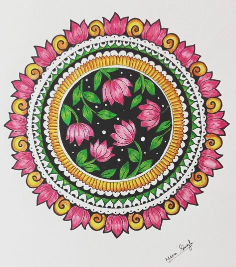 Rangoli With Water Colour, Rangoli With Painting Colour, Rangoli Designs With Water Colours, Rangoli Designs From Paint, Rangoli Designs Watercolor, Rangoli Art Design Drawing, Rangoli With Paint Colours, Muggu Designs With Colours, Diwali Rangoli Circle