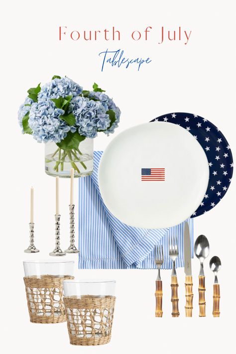 Red White and Blue Tablescape. Navy blue and white star charger, American flag plate, rattan stemware, bamboo cutlery, blue hydrangea flower, silver candlesticks. Coastal 4th Of July, July 4th Tablescape, Classy 4th Of July Decorations, Memorial Day Tablescapes, American Table Setting, American Citizenship Party, Old Money 4th Of July, Cape Cod 4th Of July, Fourth Of July Table Decor