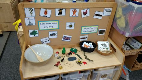 Phonics phase 1 silly soup and rhyming Silly Soup Eyfs, Phase 1 Phonics Activities Eyfs, Salt Activities, Phonics Games Eyfs, Book Corner Eyfs, Phonics Phase 1, Phonics Rhymes, Eyfs Phonics, Eyfs Literacy