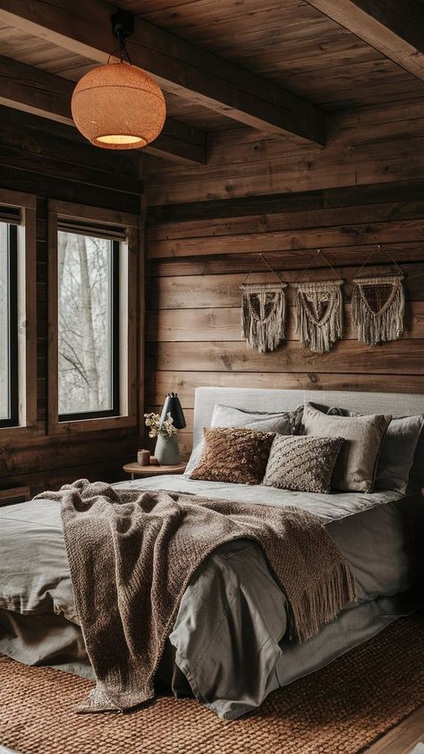 hink cabin vibes with a boho flair—perfect for a cozy, inviting bedroom. Wood Boho Bedroom, Boho Cabin, Cozy Boho Bedroom, Cabin Vibes, Inviting Bedroom, Boho Style Bedroom, Cozy Boho, Small Room Design, Style Bedroom