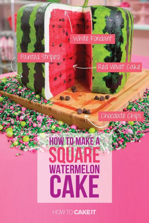 Ever wanted to make a crazy cake? How about a SQUARE Watermelon Cake? We've got you covered, check out our recipe for a step-by-step on how to make a square watermelon cake. | How To Cake It #Watermeloncake #Squarecake #baking Pear And Chocolate Cake, Square Watermelon, Pink Velvet Cakes, Perfect Watermelon, Yolanda Gampp, Watermelon Cupcakes, Cupcake Jemma, Cake Pineapple, Velvet Cakes