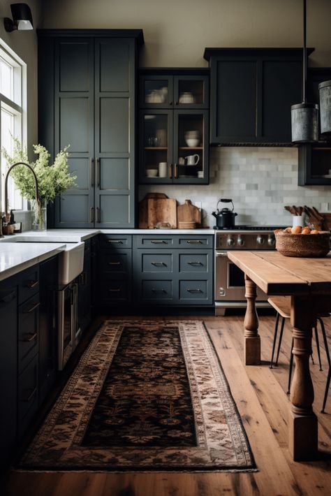 Rustic Black Kitchen, Black Kitchen Ideas, Moody Farmhouse, Black Kitchen Design, 40 Aesthetic, Moody Kitchen, Farmhouse Kitchen Ideas, Dark Kitchen, Rustic Farmhouse Kitchen