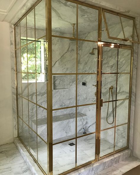 All Posts • Instagram Brass Framed Shower Door, Brass Shower Enclosure, Shower Enclosure Ideas, Grid Shower Door, Gold Shower Door, Framed Shower Enclosure, Brass Shower Door, Custom Shower Doors, Framed Shower Door