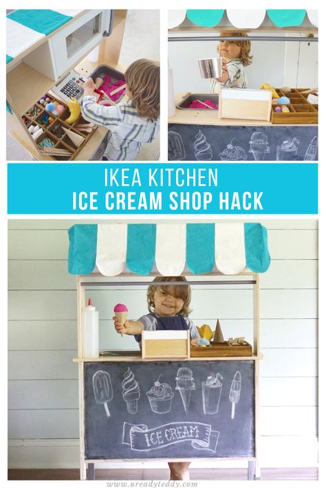 Cute Ikea Duktig Mini-Kitchen Hack Wooden Ice Cream Shop Makeover. Easy DIY Striped Awning + Chalk Board Sign Open-ended pretend dramatic play for toddlers, children, preschoolers, kids. Lemonade Stand, Hot Dog Stand, Bodega, Cafe, Coffee Shop, Flower Stand, Food Truck, Cash register, Sensory Play Ikea Kitchen Hack Kids Shop, Ikea Kitchen Role Play, Ikea Duktig Ice Cream Shop, Ikea Kitchen Ice Cream Stand, Pretend Play Ice Cream Shop, Ikea Kids Kitchen Makeover, Ice Cream Stand Diy, Dramatic Play For Toddlers, Diy Ice Cream Stand