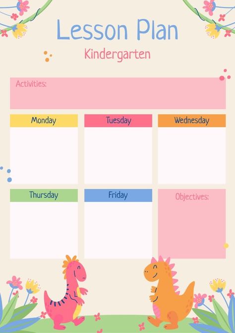 Free Child-like Dinos Kindergarten Lesson Plan template Dinosaur Lesson Plan, Kindergarten Lesson Plans Template, Teacher Lesson Plans Template, Dinosaur Lesson, Lesson Plan Template Free, Lesson Plan Template, Editing Tool, Kindergarten Lesson Plans, Teacher Lessons