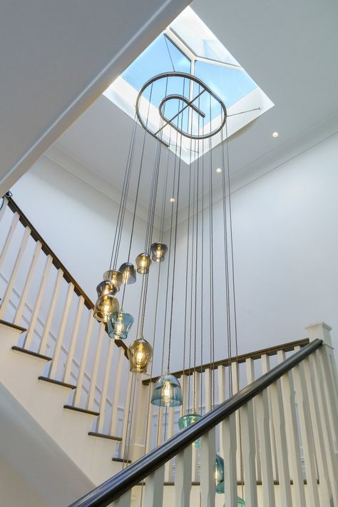 Chandelier From Skylight, Stairs Chandelier, Modern Skylights, Flat Roof Skylights, Stairwell Chandelier, Spiral Chandelier, Chandelier Designs, Roof Skylight, Skylight Design