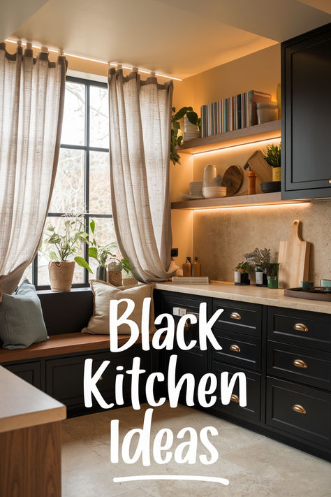 Elegant and Gorgeous Black Kitchen Ideas You Have to See Traditional Black Kitchen, Elegant Black Kitchen, Black Kitchen Ideas, Grey Kitchen Island, Plywood Cabinets, Brown Kitchens, Marble Backsplash, Dark Cabinets, Black Kitchen