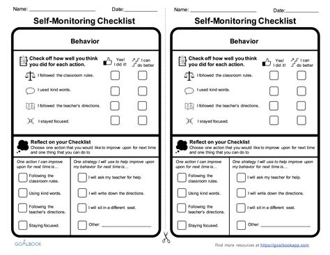 Behavior Self-Monitoring Checklist Student Self Monitoring Behavior, Self Monitoring Behavior Chart, Self Monitoring Checklist Student, Udl Classroom, Behavior Checklist, Student Checklist, Time Management Plan, Parent Survey, Classroom Management Elementary