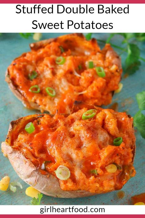 Looking for an easy sweet potato recipe? Try these double baked sweet potatoes (or twice baked potatoes)! They're incredibly easy to prepare and so delicious stuffed with corn, green onion and cheese. Makes for a yummy veggie side dish! #twicebakedsweetpotatoes #easysweetpotatorecipe #bakedsweetpotatoes #potatorecipe #stuffedpotato #doublebakedpotatoes #veggieside #loadedtwicebakedpotatoes #twicebakedpotatorecipe Double Stuffed Sweet Potatoes, Double Baked Sweet Potatoes, Easy Sweet Potato Recipe, Stuffed Sweet Potato Recipes, Potatoes Dishes, Easy Sweet Potato Recipes, Veggie Side Dish, Stuffed Sweet Potato, Potatoe Recipes