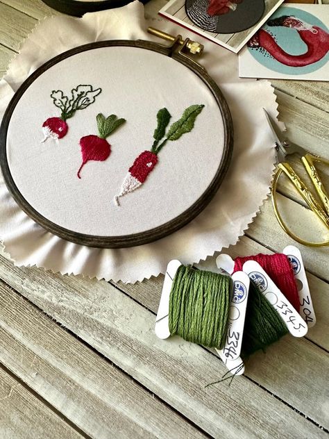 Vegetable Embroidery, Quick Embroidery, Embroidery Icons, Amanda Barnes, Garden Embroidery, Embroidery Fashion Detail, Dmc Thread, Radishes, Happy Heart