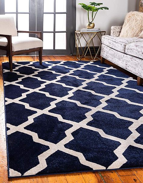 Amazon.com: Unique Loom Trellis Collection Geometric Modern Navy Blue Area Rug (9' x 12'): Home & Kitchen Navy Rug Living Room, Blue Rug Bedroom, Blue Rugs Living Room, Luxury Carpet, Blue And White Rug, Navy Blue Living Room, Blue Living Room Decor, 5x8 Area Rugs, Trellis Rug