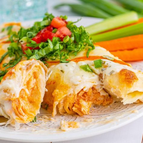 Buffalo Chicken Enchiladas - Sweet Cs Designs Buffalo Chicken Enchiladas, Ranch Chicken Enchiladas, Creamy Ranch Sauce, Buffalo Ranch Chicken, Ranch Sauce, Chicken And Cheese, Buffalo Ranch, Creamy Ranch, Chicken Enchilada Recipe