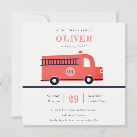 $2.82 | Red Navy Fire Truck Engine Any Age Birthday Invite #cute fire truck vehicle invite, simple elegant minimal clean modern, pastel fireman backyard party theme, kids babies toddlers preschooler baby, transport toy fun lively designer, trendy pretty fresh firetruck birthday, first second birthday any age, colourful bold wild urban crew, rustic teenage fire fighter engine, orange red black navy boys 82nd Birthday, 72 Birthday, Rustic Birthday, Firetruck Birthday, Birthday Thank You Cards, Fun Birthday Party, Kids Party Themes, Simple Invitation, Truck Engine