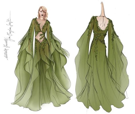 Green Dress Design, Green Folklore Dress, Taylor Green Dress, Folklore Dress, Taylor Swift Drawing, Taylor Swift Dress, Taylor Outfits, Taylor Swift Tour Outfits, Fashion Design Collection