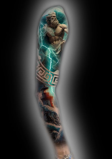 Poseidon Full Sleeve Tattoo, Colored Tattoo, Colored Tattoo Design, Tattoo Japanese Style, Zeus Tattoo, Tattoo Japanese, Full Sleeve Tattoo Design, Cool Arm Tattoos, Full Sleeve Tattoo