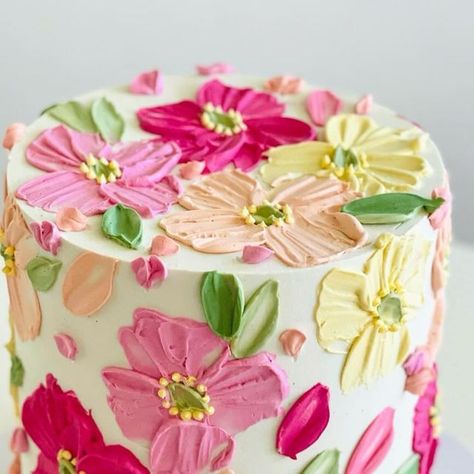 Zinnia Cake, Bright Cake Flowers, Cake With Painted Flowers, Flower Birthday Cake Square, Bright Floral Cake, Sour Cream Chocolate Cake, Flower Cake Design, Buttercream Designs, Poppy Cake