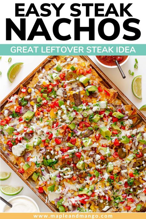 If you’re a fan of nachos (who isn’t?), you won’t be able to resist these cheesy steak nachos! Loaded with thinly sliced steak, melted cheese, all your favorite toppings and a drizzle of salsa verde crema. These nachos are a delicious easy way to use up leftover steak and a total crowd pleaser! | www.mapleandmango.com