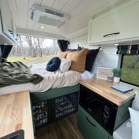 Van Life with Double Dog Crates Van Conversion For Dogs, Dog Crate In Camper, Dog Van Life, Van Life With Dog, Camper Van Dog, Green Lower Cabinets, Van Conversion Dog, Creamy White Walls, Van Conversion Floor