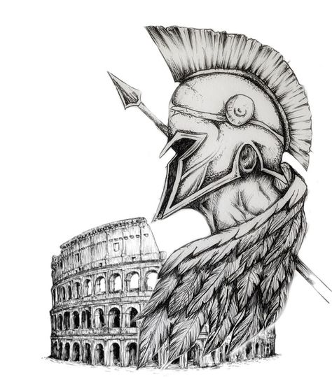 Gladiator Colosseum, Helmet Tattoo, Color Pencil Sketch, Greek Mythology Tattoos, Warrior Tattoos, Animal Drawings Sketches, Mythology Tattoos, Roman History, Acrylic Canvas