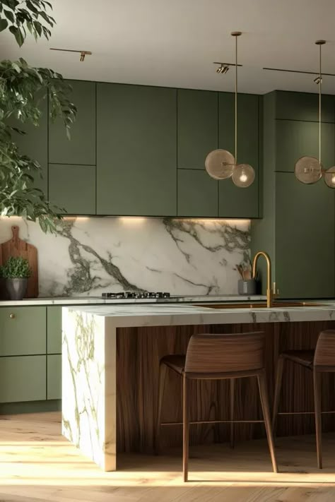 Green Stained Kitchen Cabinets, Sage Green Kitchens, Kitchen Cabinets White, Countertops Marble, Green Kitchens, Green Kitchen Island, White Quartz Countertops, Stained Kitchen Cabinets, Two Tone Cabinets