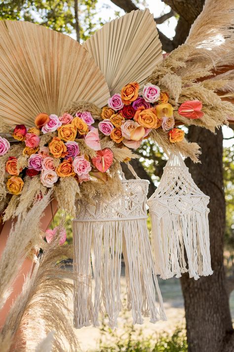 Colourful Boho Wedding Decor, Colored Pampas Grass Decor, Wildflower And Pampas Grass Wedding, Colorful Pampas Grass Decor, Pampas Grass And Bright Flowers, Bright Boho Flowers Wedding, Peach And Pampas Wedding, Hot Pink Pampas Grass Bouquet, Pampas Grass And Terracotta Wedding Bouquet