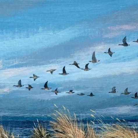 Lucy Grossmith on Instagram: "Wild geese and Grasses x • • • #suffolkcoast #suffolkwildlife #geeseflying #lovenature #winterpaintings • *Painting now sold x" Geese Paintings Art, Geese Watercolor Paintings, Lucy Grossmith, Wild Geese Illustration, Snow Geese Photography, Suffolk Coast, Wild Geese, Pond Painting, Winter Painting