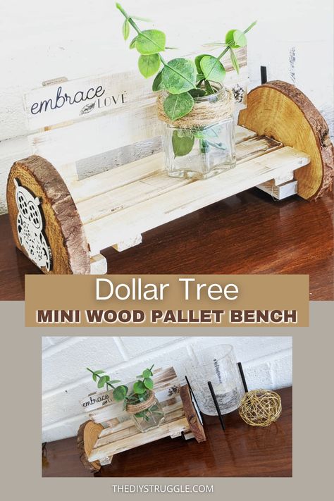 Mini Wood Crafts, Dollar Tree Crafts Farmhouse, Mini Wood Pallet Crafts, Dollar Tree Pallet Crafts Christmas, Mini Pallet Ideas Diy Projects, Diy Mini Decor, Wooden Dollar Tree Crafts, Dollar Tree Wood Plank Crafts, Dollar Tree Mini Pallets