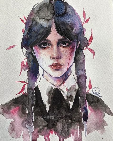 Cartoon Wednesday Addams, Wednesday Addams Painting, Cartoon Wednesday, Portrait Sketchbook, Addams Family Wednesday, Sketchbook Illustration, Illustration Watercolor, December 8, Addams Family