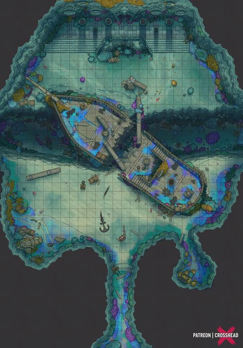 Underwater Temple Map Dnd, Dnd Underwater City, Underwater Battlemaps, D&d Ship Battlemap, Underwater Temple Map, Sunken Ship Art, Minecraft Sunken Ship, Dnd Battle Maps Temple, Underwater Battle Map