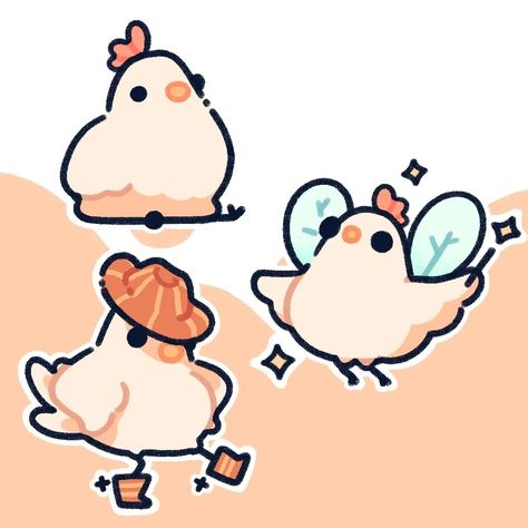 Chickens in different chicken-y forms, a fairy, cowboy, and a regular lil dude Chicken Doodles Cute, Kawaii Chicken Drawing, Cute Simple Characters, Chicken Cute Art, Funny Animals Drawing, Chickens Drawings, Chicken Doodle Drawing, Chicken Pfp, Chibi Chicken