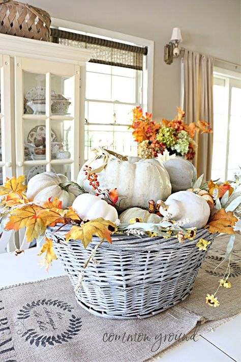 common ground : Cottage Review: Vintage Laundry Basket with Pumpkins Welcome To October, Ice Cream Bucket, China Cupboard, The Garden Room, Wooden Bucket, Cinderella Pumpkin, Fall Palette, Faux Hydrangea, Vintage Ice Cream